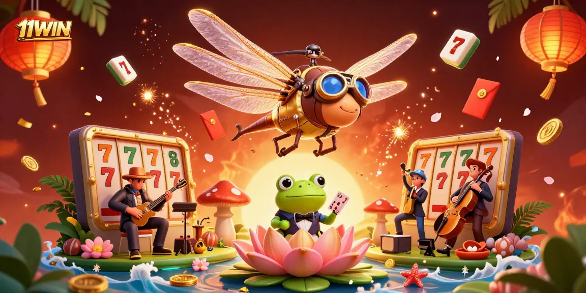 Engage with 11WIN's vibrant casino world featuring a dragonfly pilot and frog croupier in 3D.