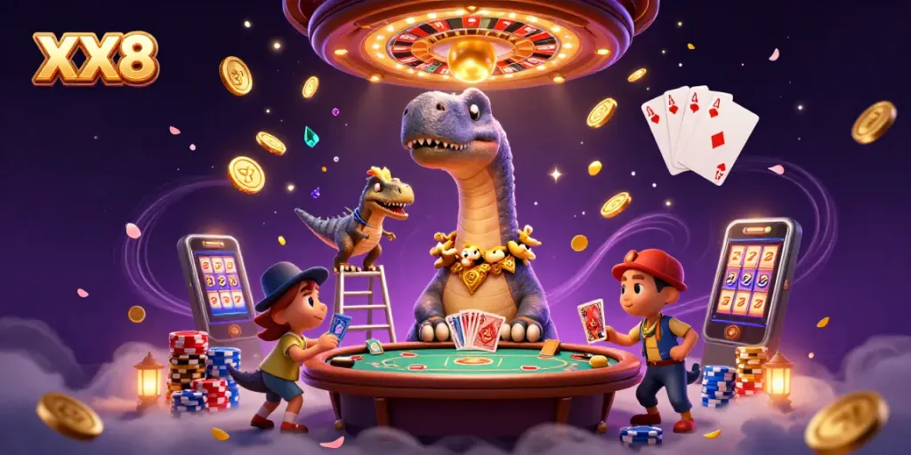 Engage in thrilling casino action with XX8 as a brontosaurus marvels and cards are dealt.