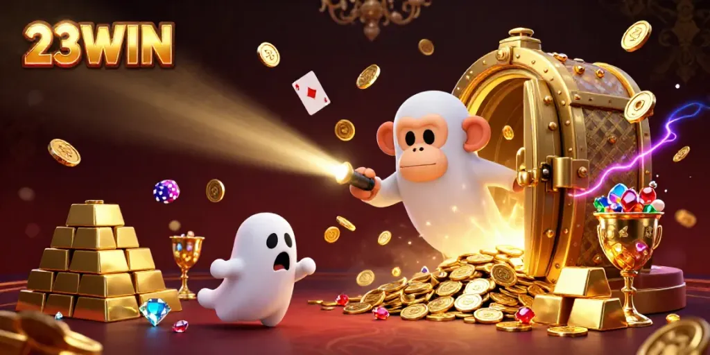 Experience the thrilling atmosphere of 23WIN with a poltergeist monkey and a ghost-hunter puppy in a lively casino.