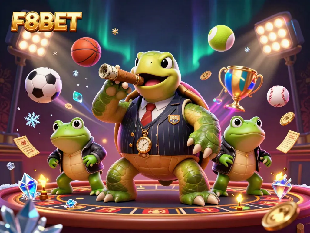 Experience thrilling gaming at F8BET with our vibrant casino scene featuring lively characters and dynamic sports elements.