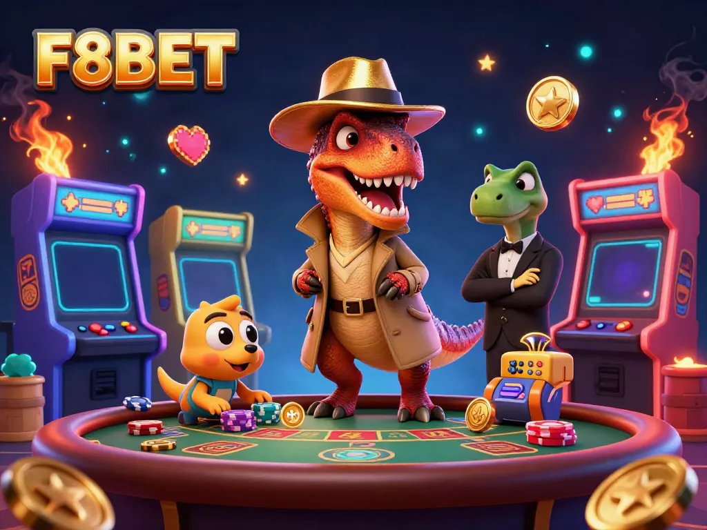F8BET velociraptor and stegosaurus characters in a vibrant casino scene surrounded by arcade elements.