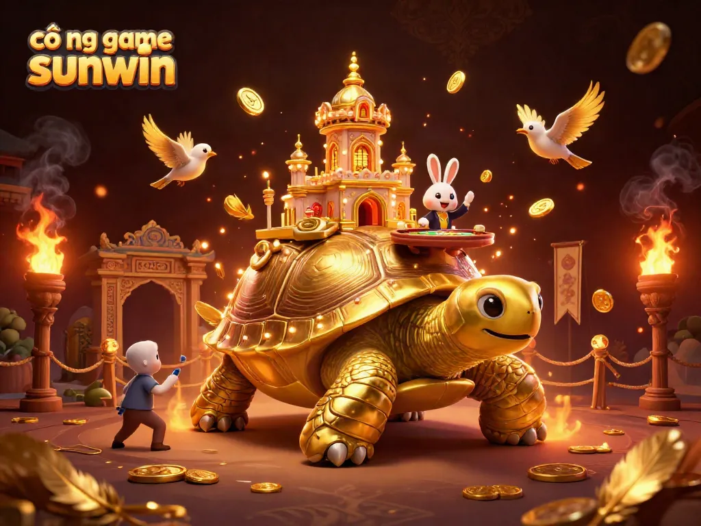 Join the excitement at cổng game sunwin with a vibrant scene featuring a golden tortoise casino and animated characters.
