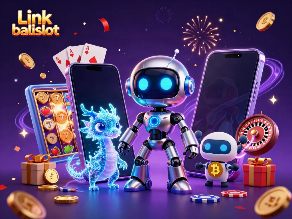 Engage with the exciting world of Link balislot featuring a vibrant casino scene with animated robots and slot games.