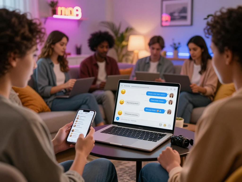 Interactive scene showcasing engaging nsfw ai chat conversations in a cozy modern setting.