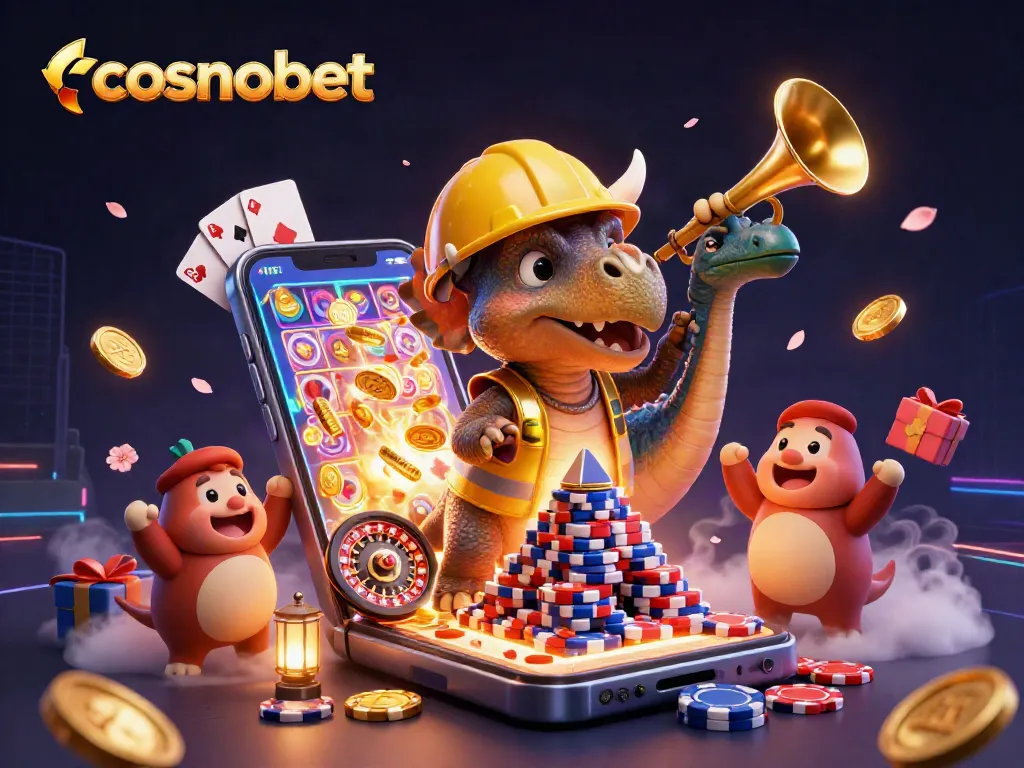 Play casino games with cosmobet through an engaging 3D illustration featuring exciting characters and dynamic gaming elements.