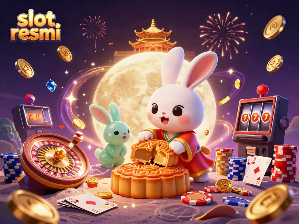 Experience thrilling wins with slot resmi as a moon rabbit reveals poker chips amidst cascading treasures.