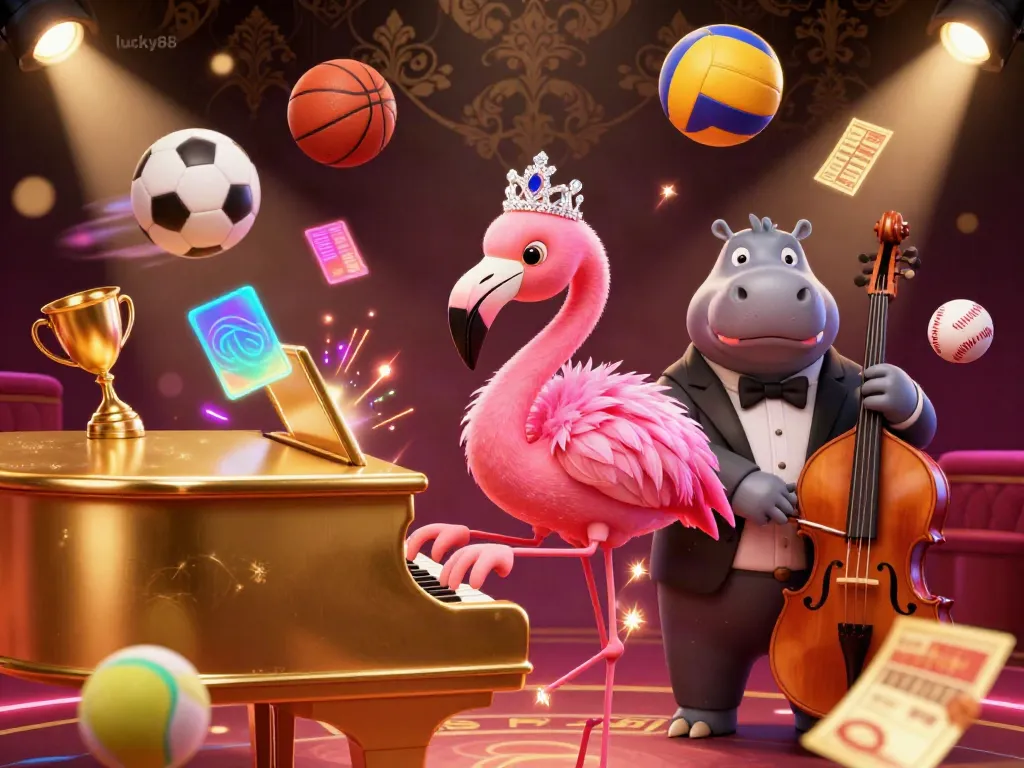 Experience thrilling moments with lucky88 in a vibrant casino scene featuring a glamorous flamingo singer and hippo bassist.