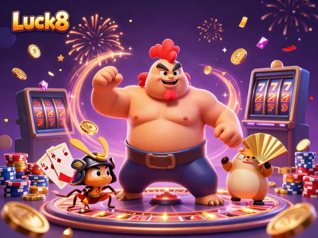 Experience thrilling gameplay at Luck8 with an explosive casino scene featuring vibrant characters and elements.