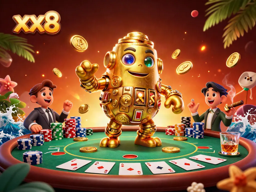 Experience the thrill of xx8 through a golem of golden coins, poker chips, and dynamic casino elements.