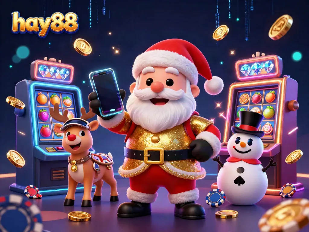 Experience the excitement of hay88 with Santa, a reindeer, and a snowman amid vibrant jackpot symbols and coins.