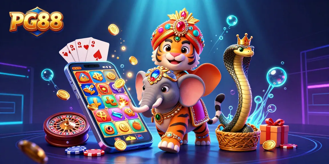 PG88 showcases a vibrant casino experience with a majestic elephant and various gaming elements.