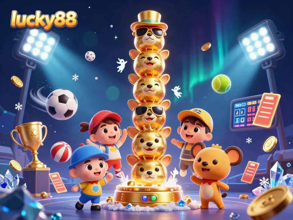 Place bets at lucky88 while enjoying a vibrant casino scene with 3D characters and dynamic sports elements.