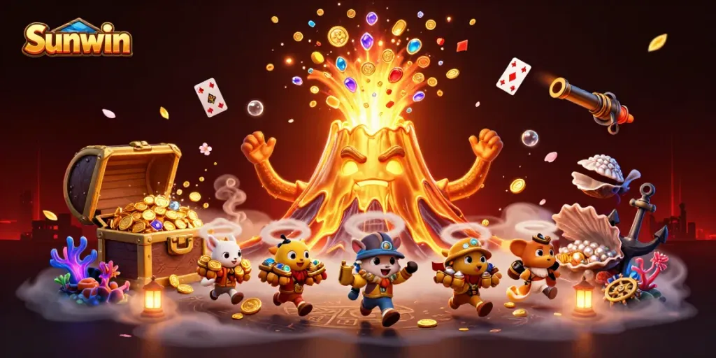 Win big at Sunwin with an exploding treasure scene showcasing vibrant casino elements.