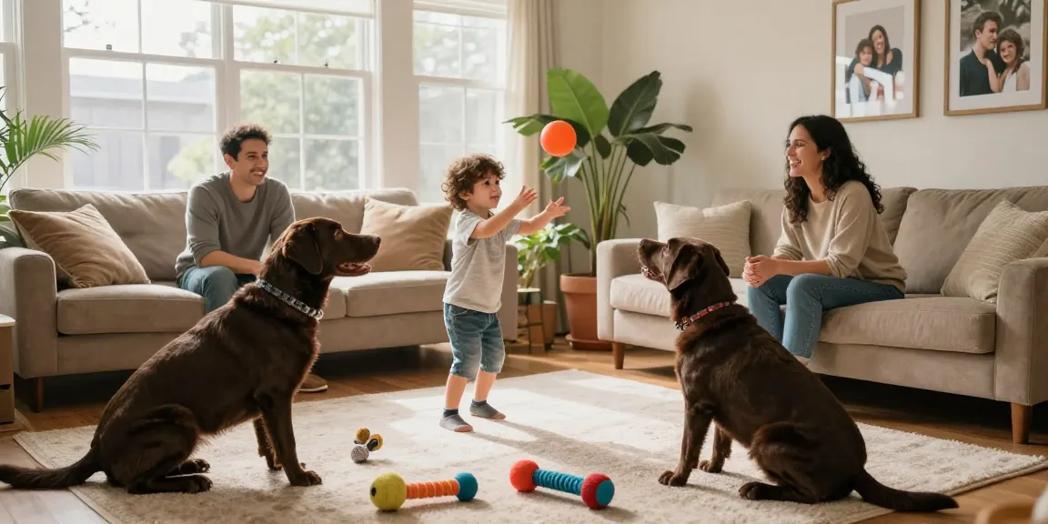 Playful family with Chocolate labs in a cozy home environment, showcasing love and joy.