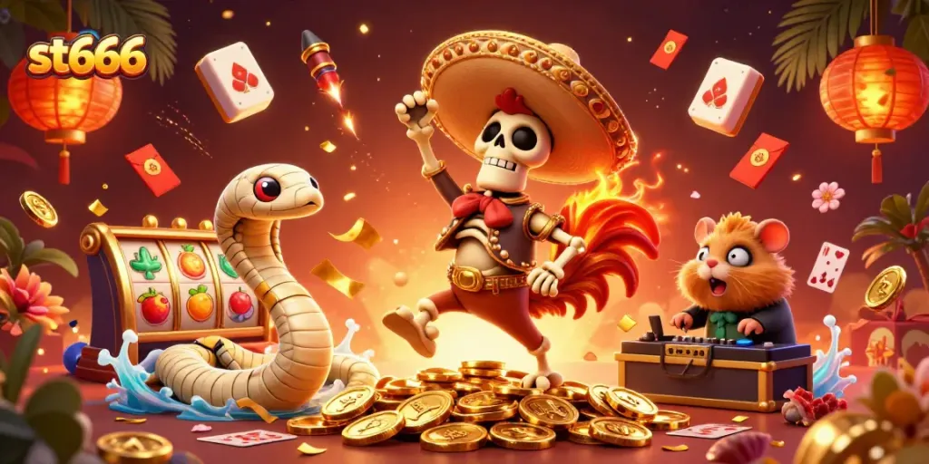 Experience thrilling gameplay st666 with vibrant 3D characters surrounded by slot reels and festive casino elements.