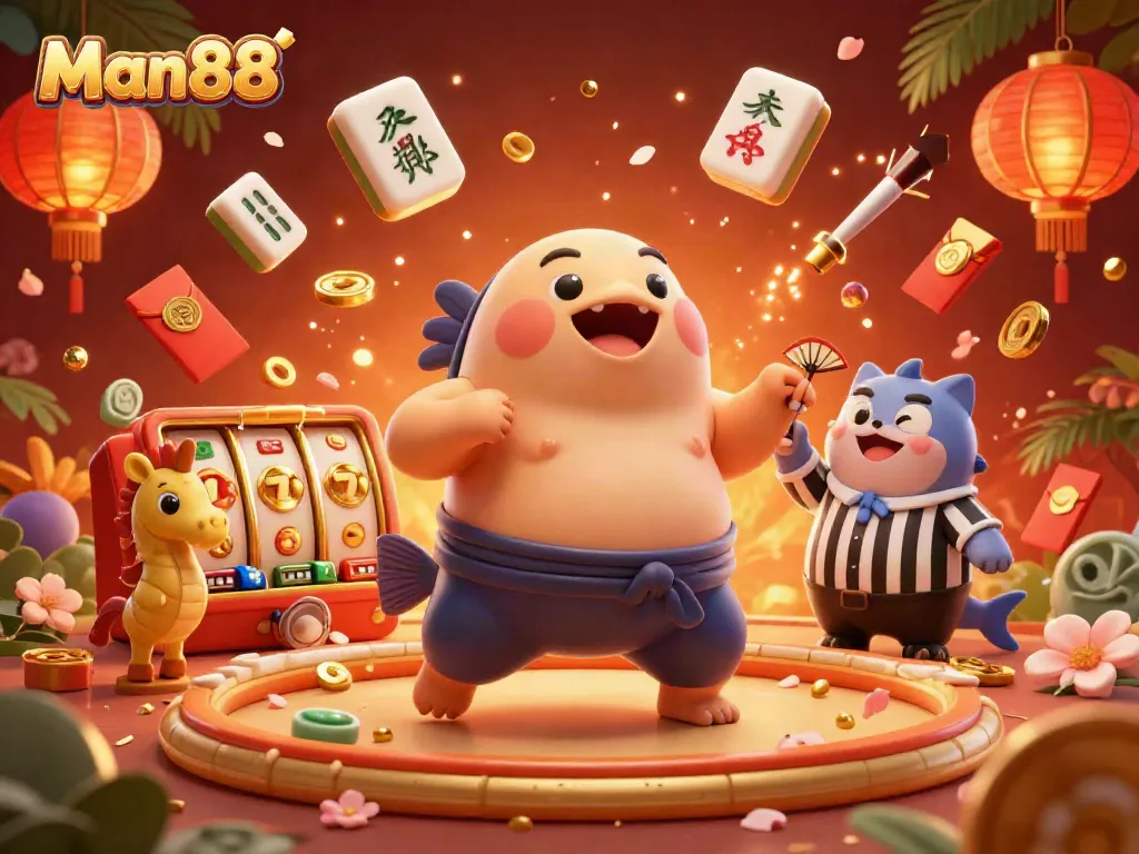 Enjoy thrilling slot action with Man88 in a vibrant underwater casino scene.