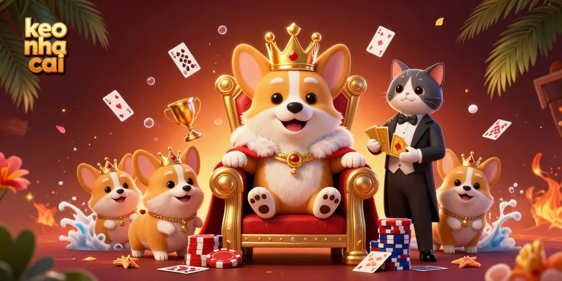 Engage with keo nha cai through a royal betting adventure featuring a corgi king and vibrant casino elements.