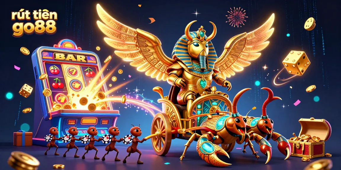 Engage in rút tiền go88 with a vibrant scene featuring golden beetles and slot machines.