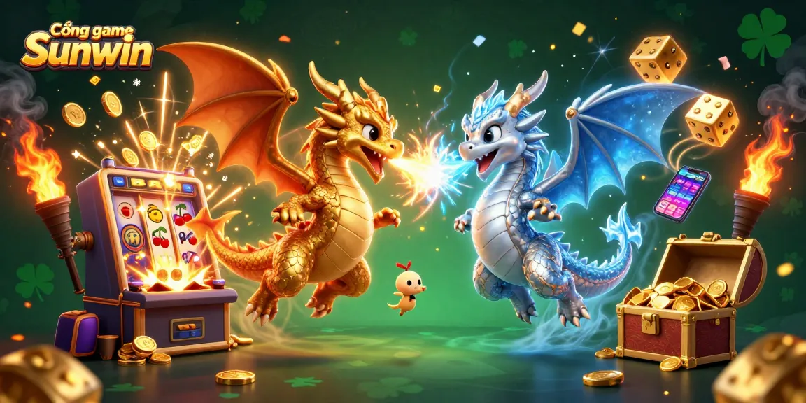 Cổng game Sunwin features twin cartoon dragons amidst a dynamic casino scene with slot machines and vibrant gaming elements.