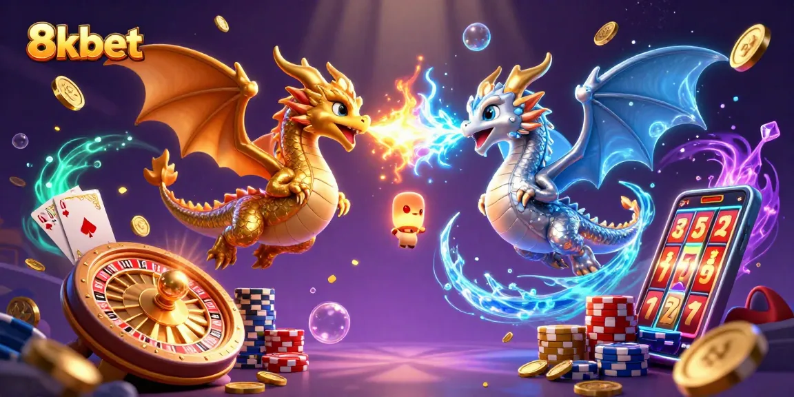 Experience thrilling moments with 8xbet’s dynamic dragons and casino elements in this vibrant illustration.
