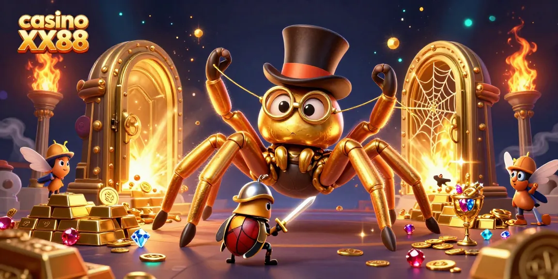 Experience thrilling action at casino XX88 with this vibrant 3D illustration of a golden tarantula and beetle knight.
