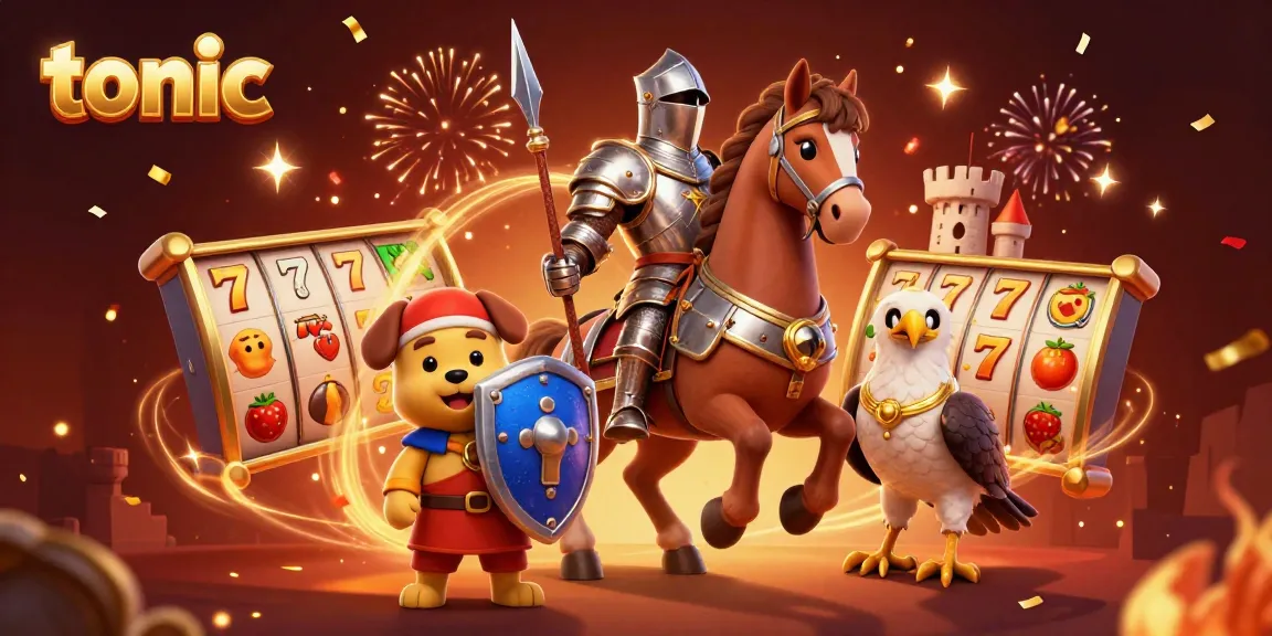 Tonic casino scene featuring a knight, puppy, and falcon with slot reels and festive elements.