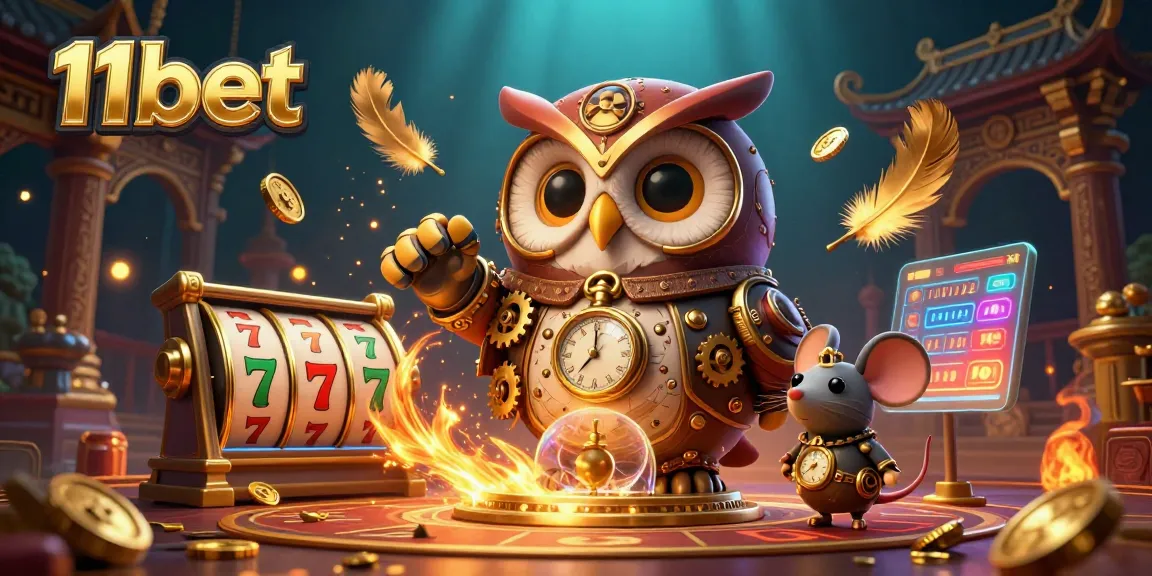 Engage with the vibrant world of 11bet, featuring a steampunk owl and casino elements in an enchanting scene