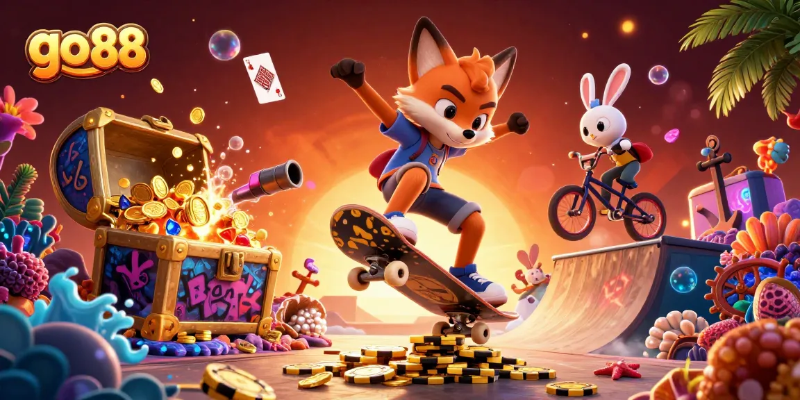 Experience the excitement of go 88 as a cartoon fox performs tricks over golden poker chips in a vibrant casino world.