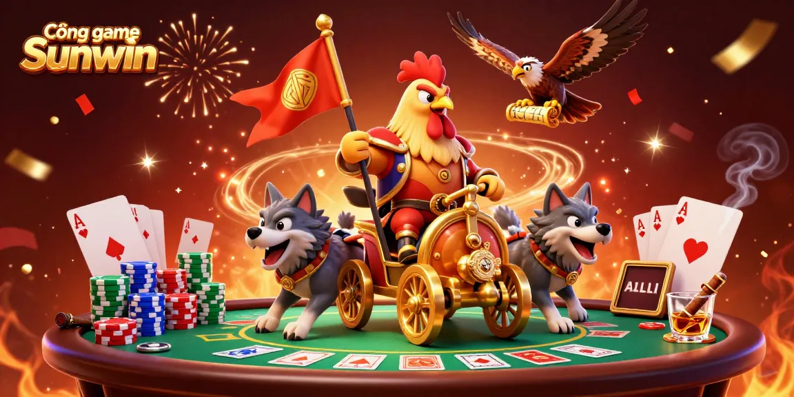 Cổng game Sunwin showcases a 3D rooster warlord amidst poker excitement, highlighting top gaming action.