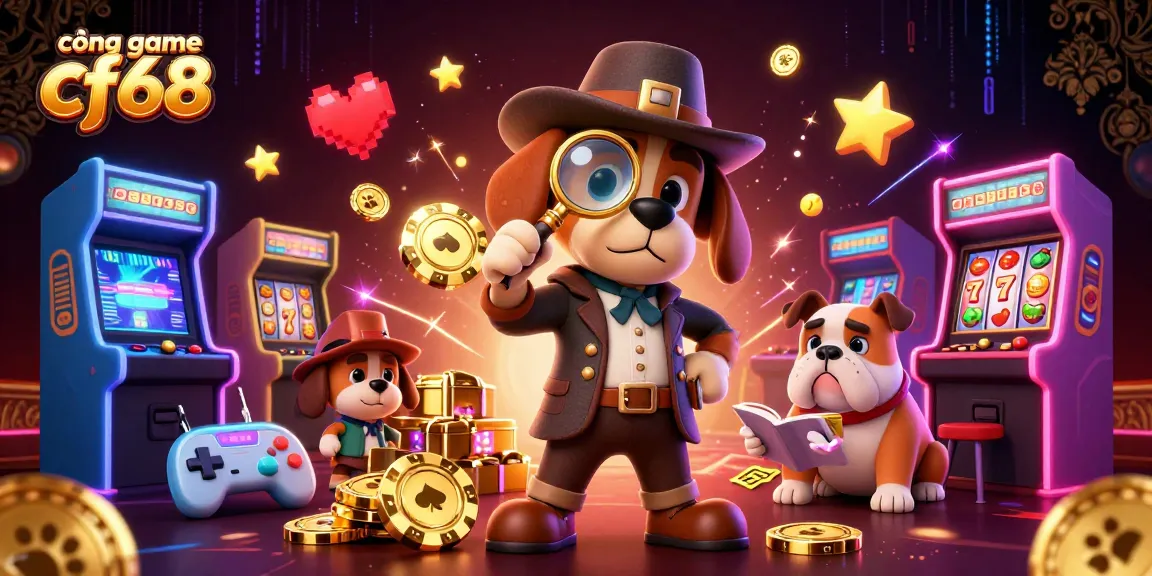 Engage with cổng game cf68 through a vibrant casino scene showcasing a detective discovering gaming treasures.