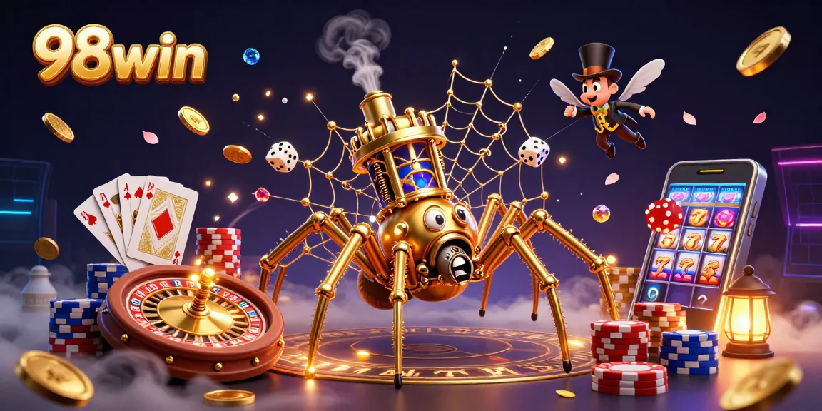 Engage in the 98win experience with a lively scene of a steampunk spider and vibrant casino elements.