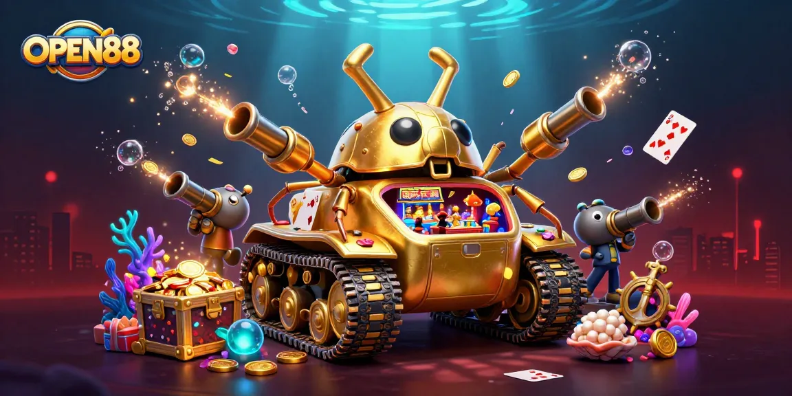 Experience the excitement of OPEN88 with a vibrant casino scene inside a golden beetle tank surrounded by treasure.