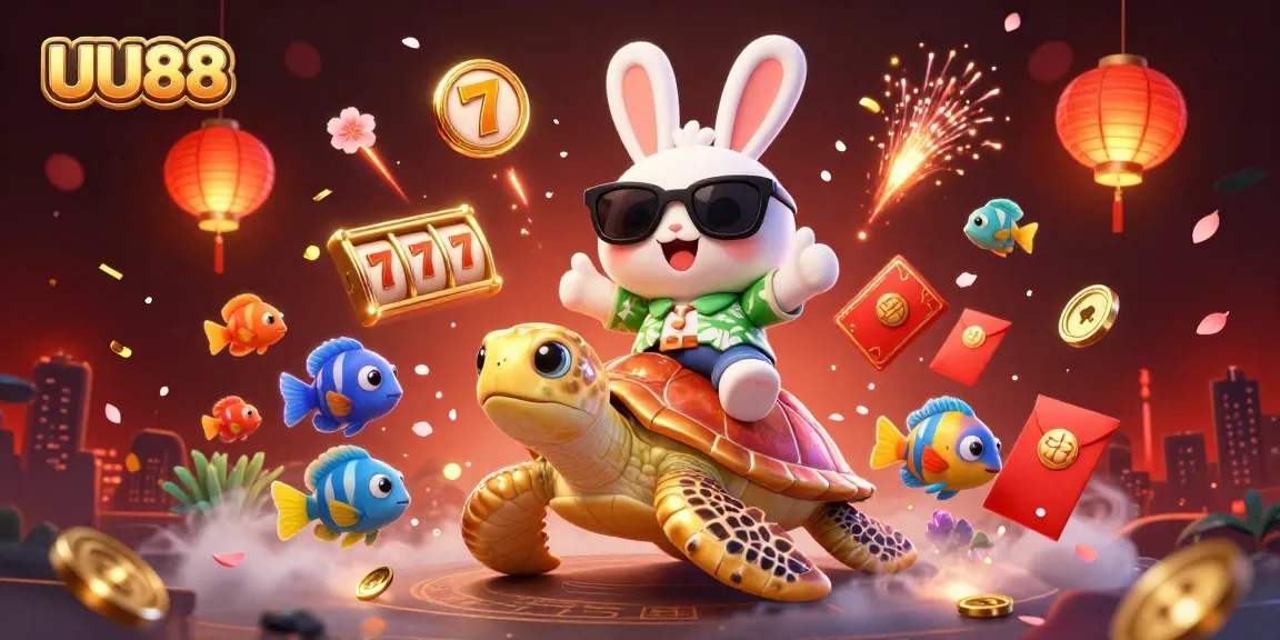 Engage with casino excitement at UU88, featuring a luck rabbit and golden turtle in a vibrant gambling atmosphere.
