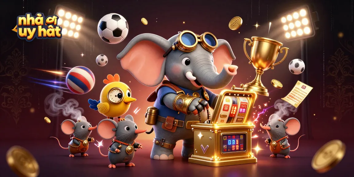 Engage with nhà cái uy tín in this hyper-detailed 3D illustration of a steampunk elephant operating a slot machine amidst dynamic sports elements.