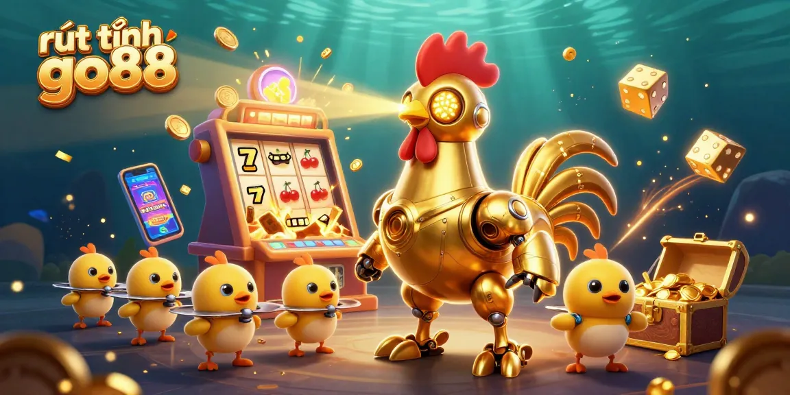 Experience rút tiền go88 with a dynamic 3D illustration featuring a golden rooster robot and baby chick drones amidst slot machines and casino elements.