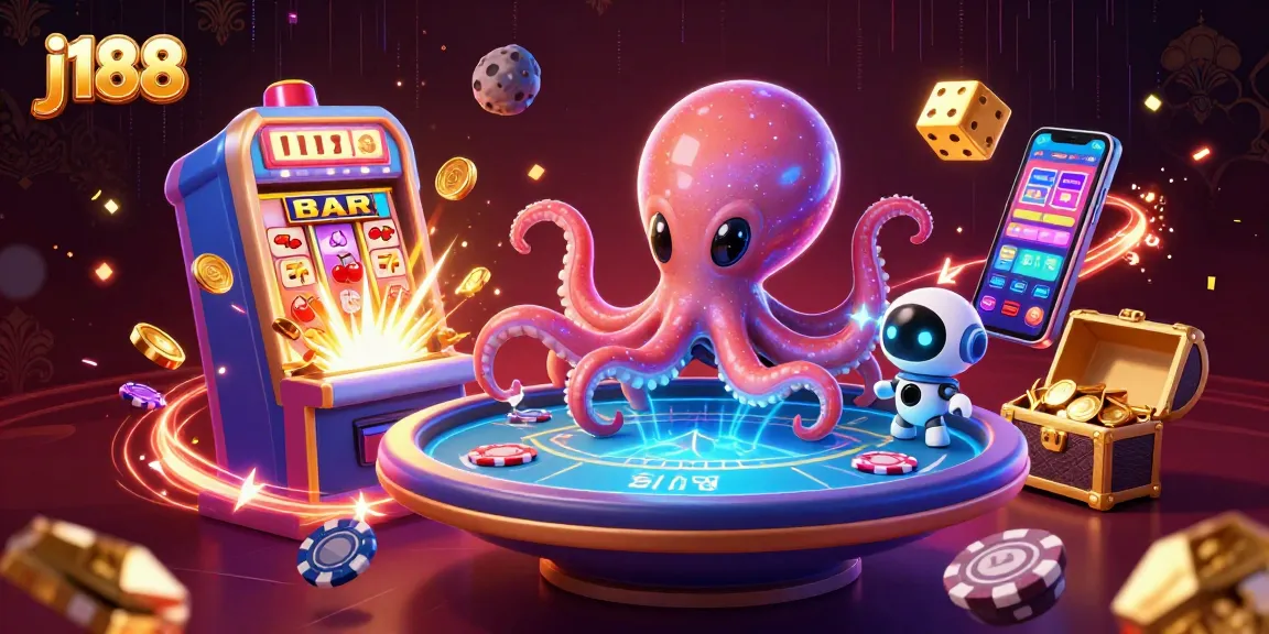 Experience the thrilling j188 casino with an alien octopus and vibrant game elements.