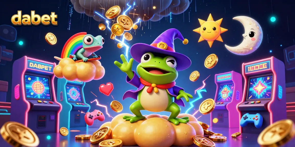 Dabet's enchanting illustration showcases a magical frog and chameleon amidst a treasure storm of coins, exuding excitement in online gaming.