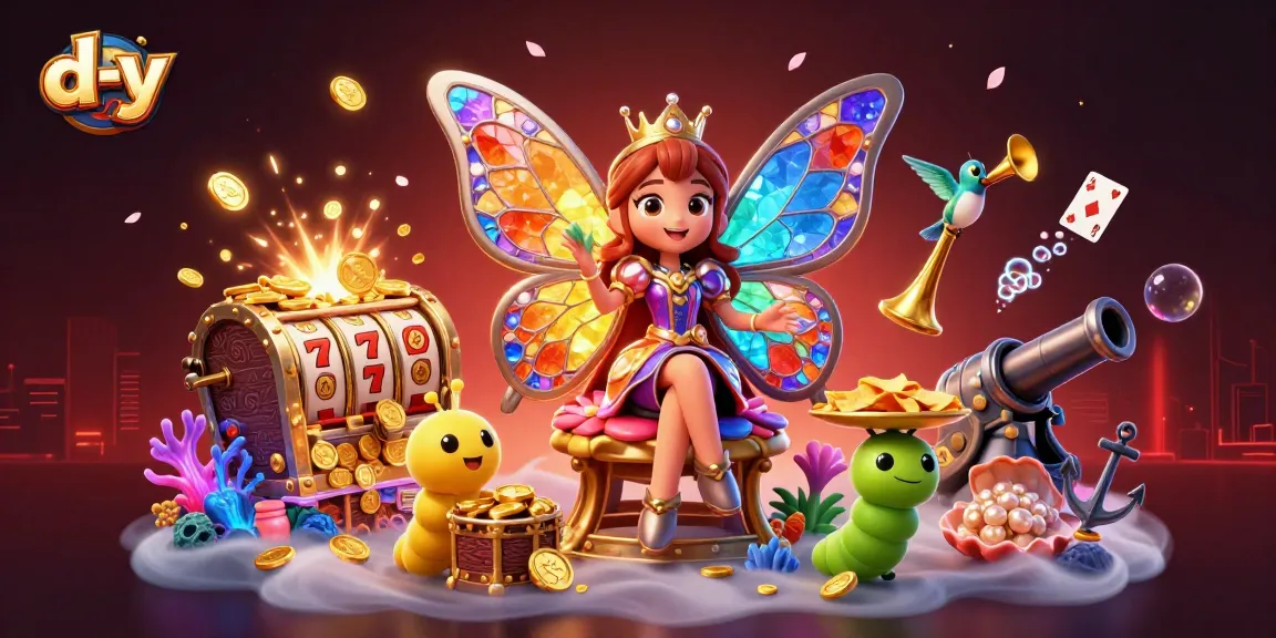 Engage with d-y's vibrant casino world as the butterfly queen presides over a treasure-filled gaming scene.