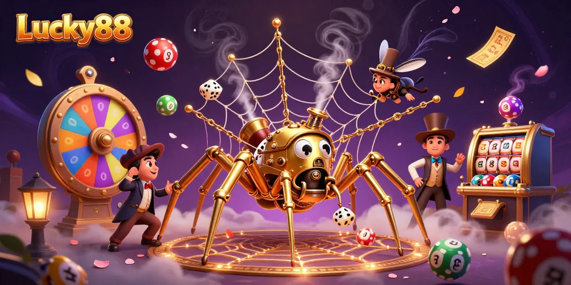 Experience thrilling games at Lucky88 with vibrant lottery balls and a steampunk spider in action.