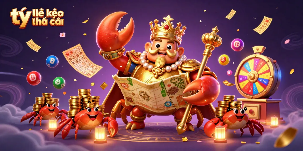 Experience the excitement of tỷ lệ kèo nhà cái with vibrant lottery elements and a golden crab emperor.