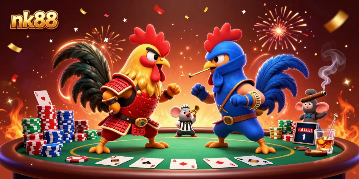 nk88 showcases cartoon fighting roosters in an exciting casino battle with poker elements.
