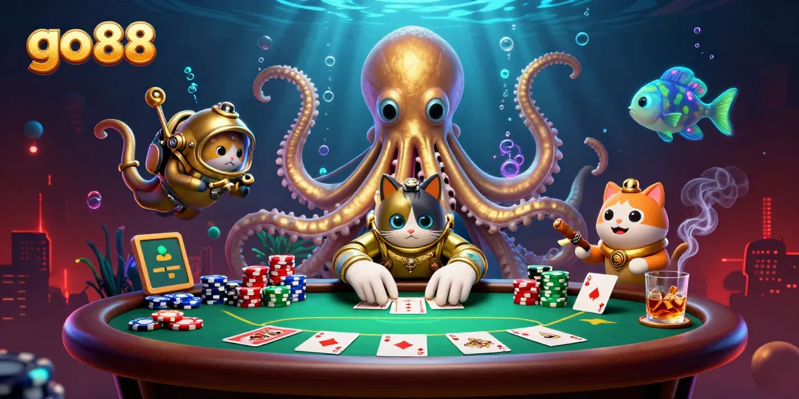 Experience thrilling go 88 gameplay with a kraken and diving cat at a vibrant poker scene.