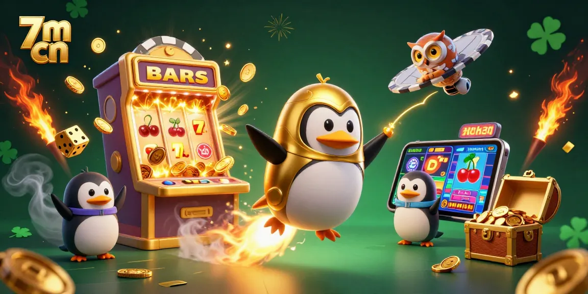 Experience excitement with 7m cn's colorful casino adventures featuring a golden penguin and slot machines.