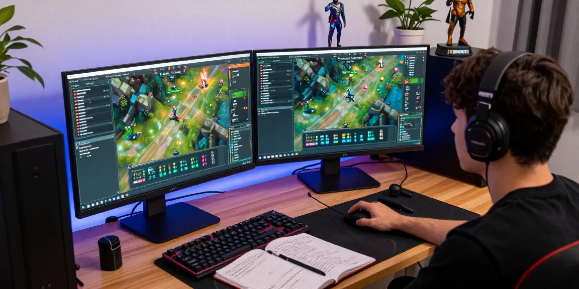 Gamer using Gathering Macro for Dark War Survival at a dual-monitor setup with analytics displayed, creating an immersive tech atmosphere.