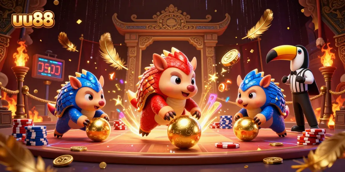 uu88 features a dynamic scene with pangolins in armor rolling through poker chips.