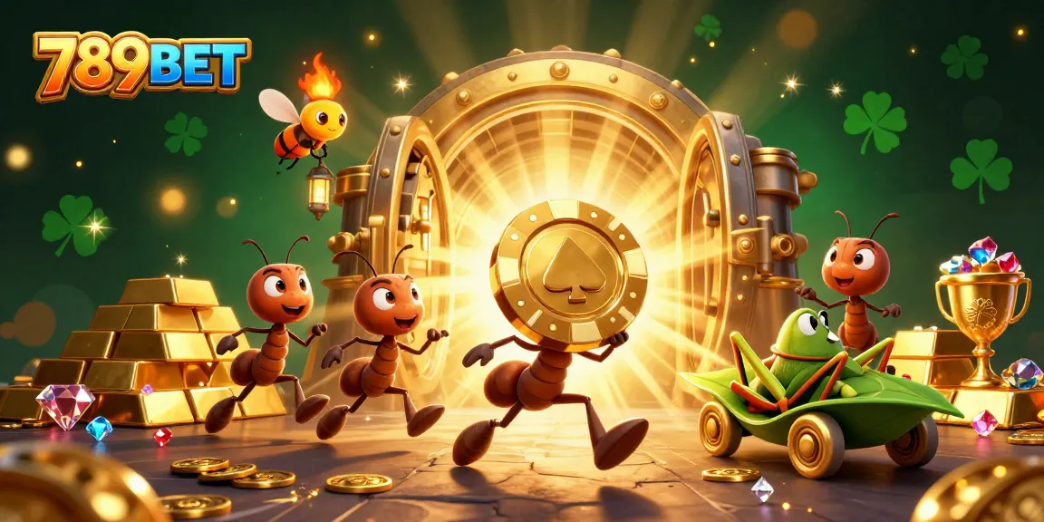 Join the 789BET heist with cartoon ants stealing a giant poker chip in this vibrant casino scene.