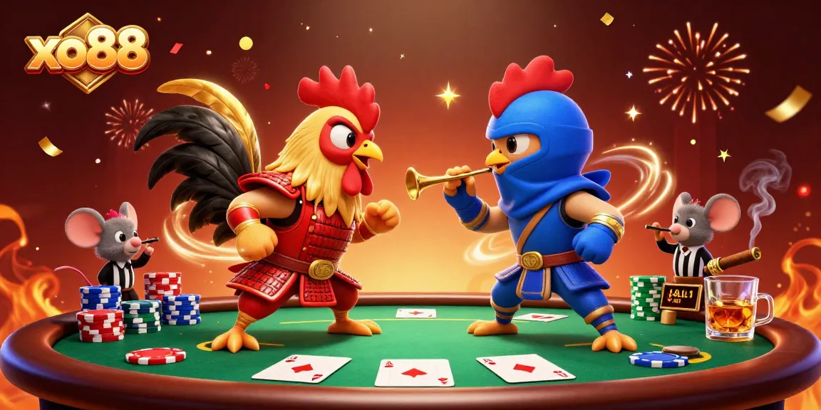 Experience the thrilling showdown of xo88 with 3D roosters amid poker excitement!