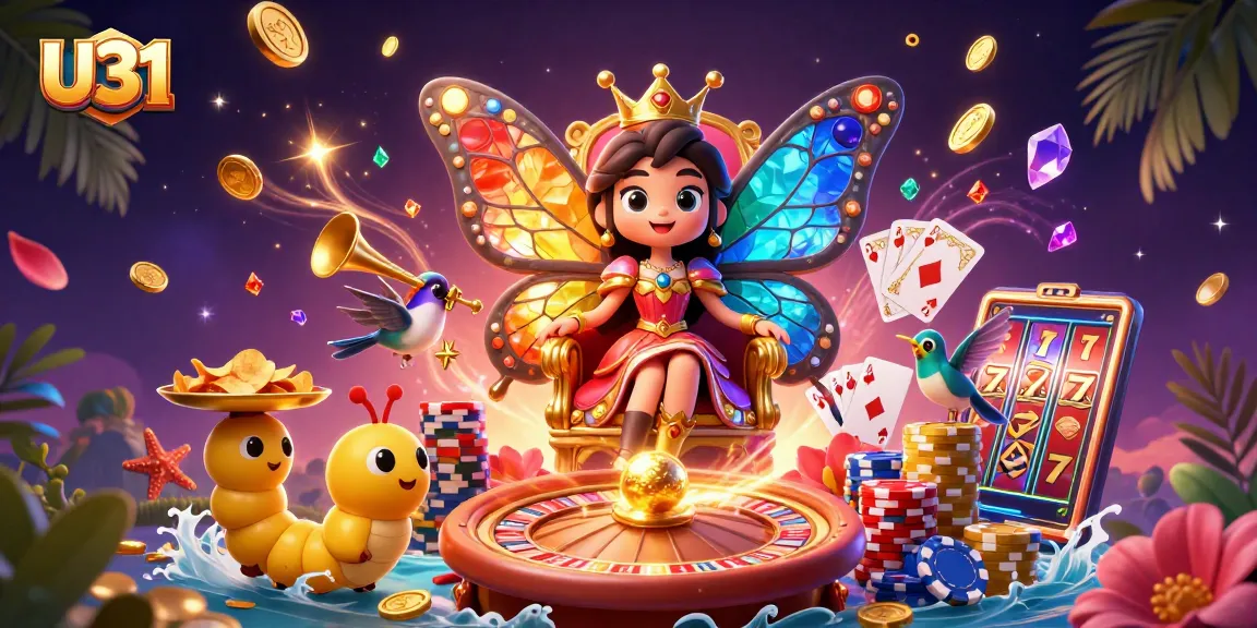 U31 creates a vibrant casino atmosphere with royal flush cards, golden coins, and a butterfly queen.