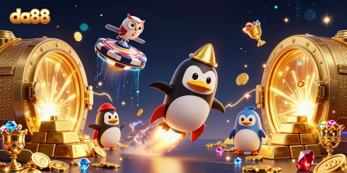 da88 rocket-powered penguin flies to a casino chip space station in a gold treasure scene