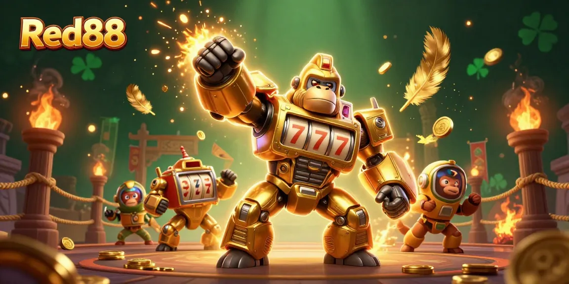 Experience explosive action at Red88 with a golden gorilla mech and vibrant casino elements!